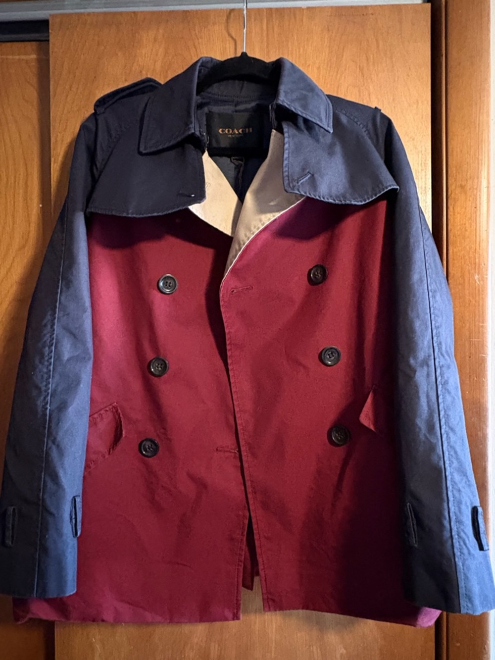 Coach Two-Tone Trench Coat in Burgundy and Navy